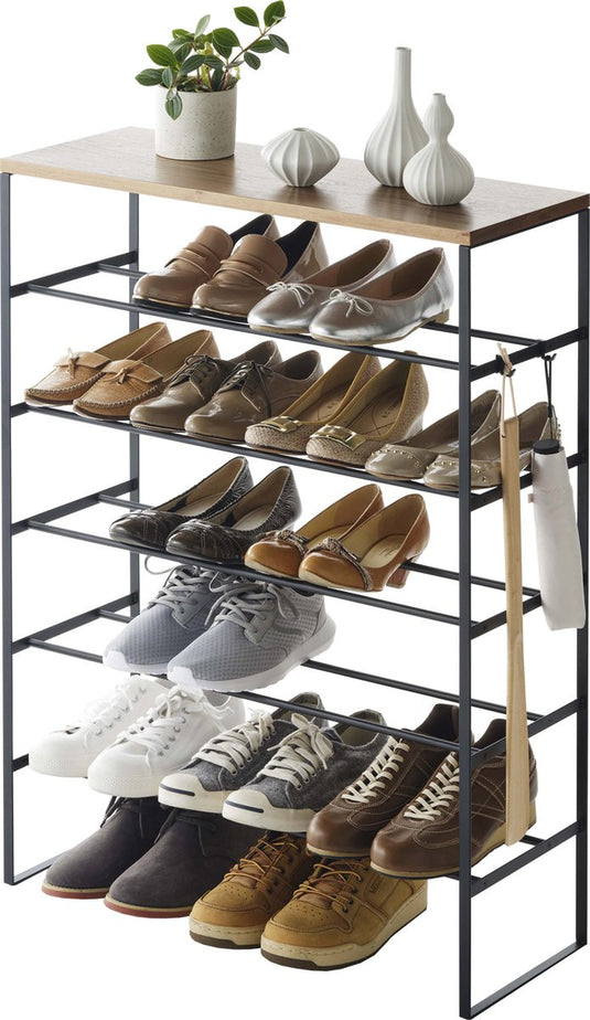 Yamazaki schoenenrek met houten bovenblad - 6 niveaus - tower - zwart