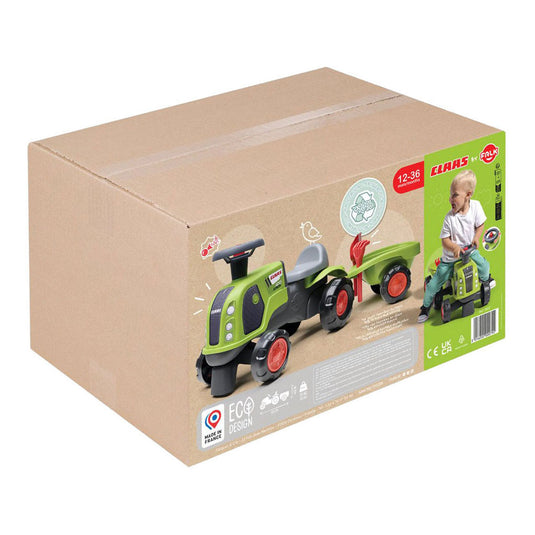 Falk claas 470 arion ride-on groen met aanhanger + zandset