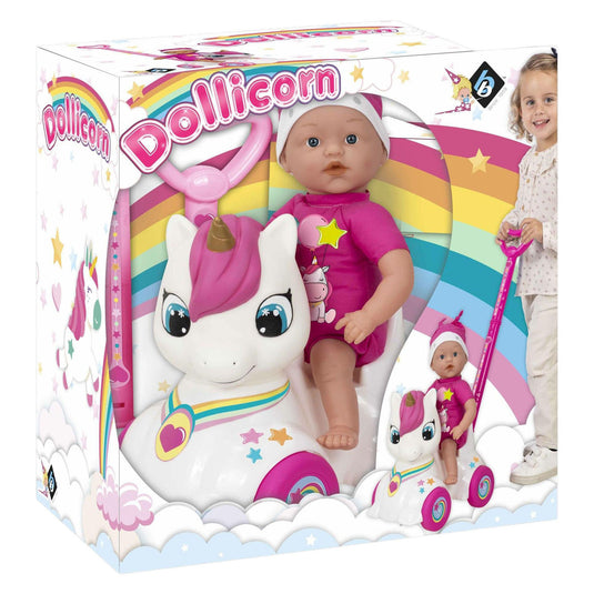 Dollicorn babypop met eeenhoorn loopauto - 37cm
