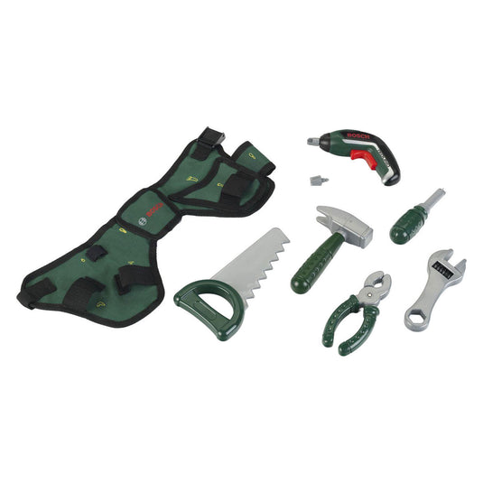 Klein toys bosch mini gereedschapsgordel-set - accuschroevendraaier, hamer, tang, zaag, moersleutel, schroevendraaier - incl. licht- en geluidseffecten - groen rood