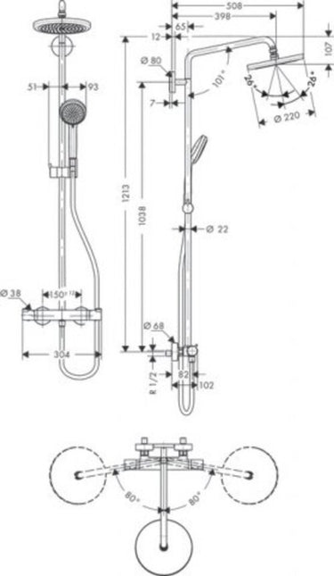 Hansgrohe croma showerpipe 220 1jet met thermostaat chroom