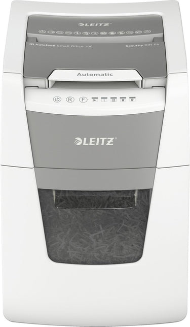 Leitz iq autofeed+ small office 100 stille papierversnipperaar - p4 snippers - tot 100 vel - 34l - wit