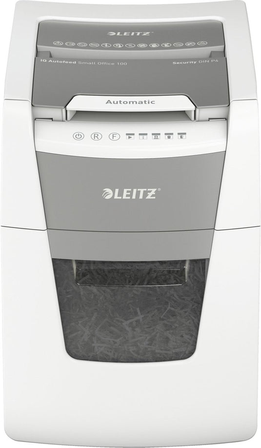 Leitz iq autofeed+ small office 100 stille papierversnipperaar - p4 snippers - tot 100 vel - 34l - wit