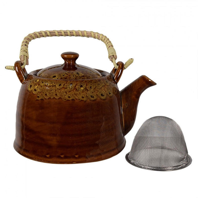 Afbeelding laden in galerijviewer, Clayre eef theepot met filter bruin geel keramiek ã˜14x12cm 750ml
