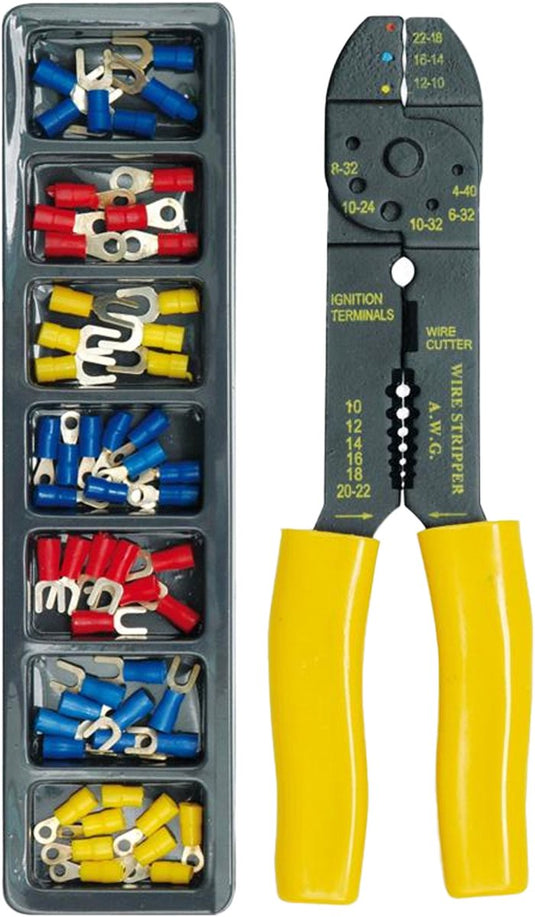 Blow krimptang set met draadstripper - inclusief geïsoleerde kabelschoenen - 190mm - pvc cs - awg 22-8