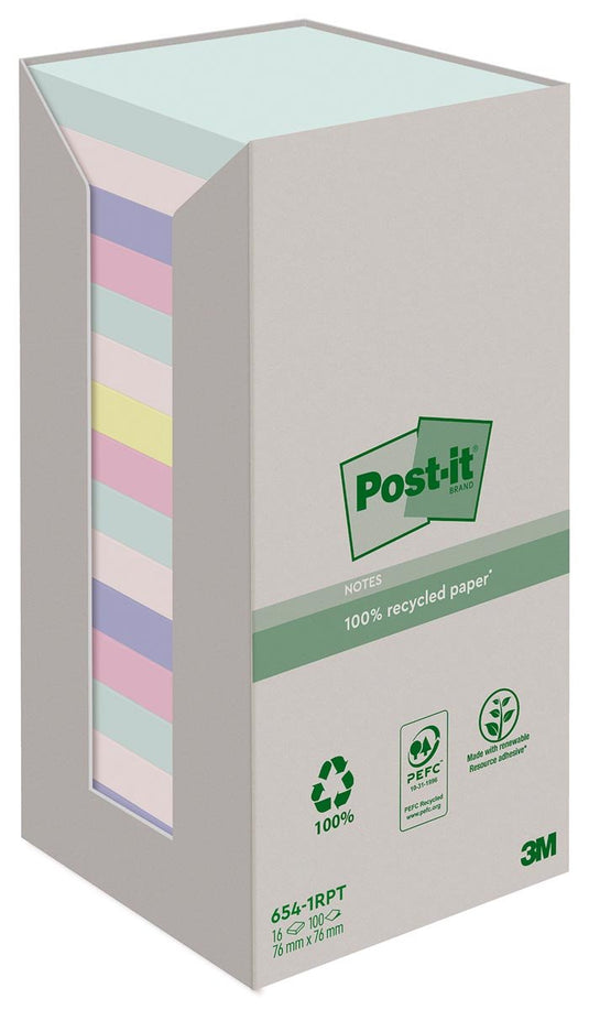Post-it recycled notes nature | 100 vel | ft 76 x 76 mm | pak van 16 blokken | geassorteerde kleuren