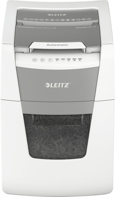 Leitz iq autofeed 100+ small ofice stille papierversnipperaar p5 - micro snippers - tot 100 vel - 34l - wit