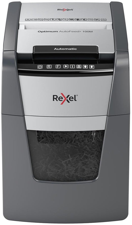 Rexel optimum autofeed+ 100m fluisterstille papierversnipperaar - p5 microsnippers - automatische invoer tot 100 vel - 34l - zwart