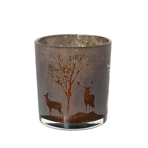 Decoris theelichthouder herten met boom glas ø7.3xh.8cm licht bruin
