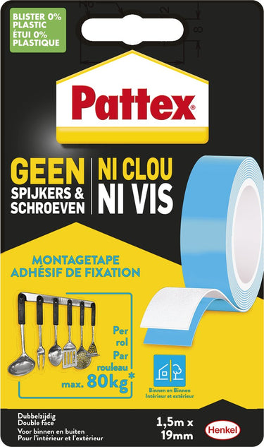 Pattex montagetape dubbelzijdig 80kg | voor binnen gebruik| 1.5m dubbel montage tape | dubbelzijdige plak-tape.