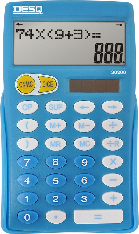 Desq ® rekenmachine basisschool | officiële rekenbewerkingsvolgorde | toont alle stappen | deling functie met rest | navigatietoetsen | operator functie | 10 cijfers | 2-regelig display
