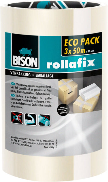 Bison 3 rollen rollafix verpakkingstape transparant voordeelpak 50 meter x 5 cm, met de hand afscheurbaar, sterke verpakkingstape