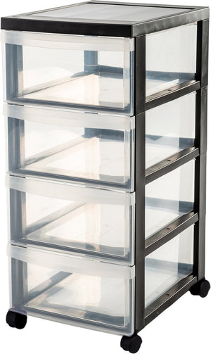 Iris design chest ladekast - 4 half diepe lades - 4x 11l - kunststof - zwart transparant - met wielen