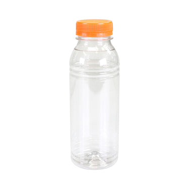 Fles transparant pet 330 cc + oranje dop (175 stuks)