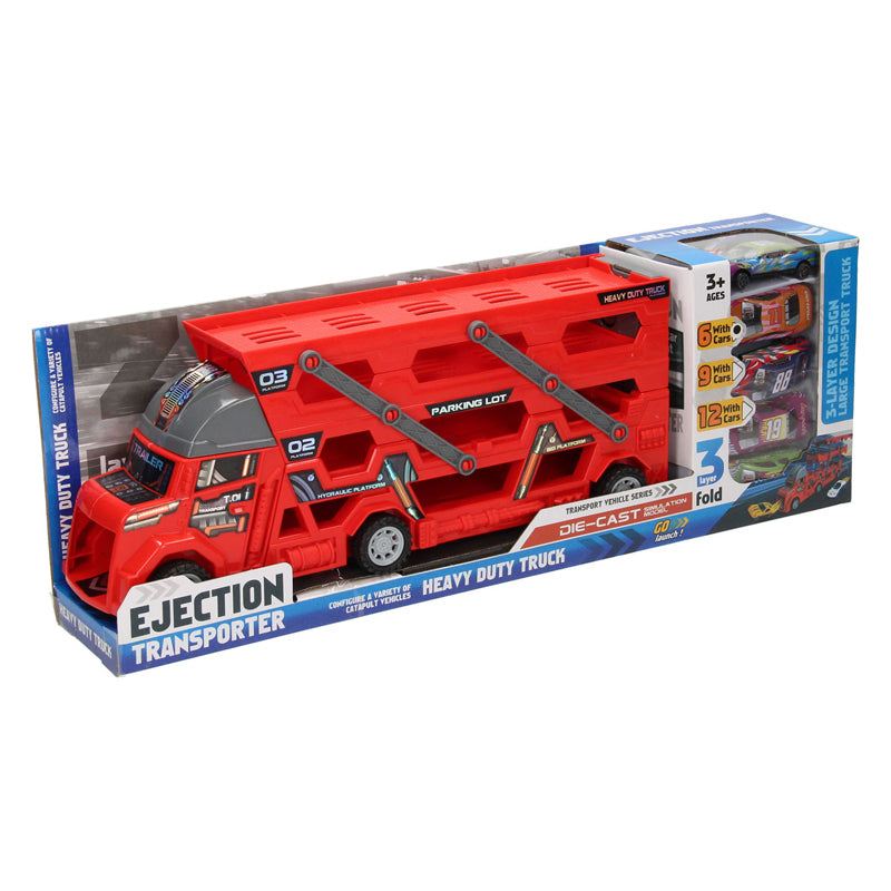 Load image into Gallery viewer, Lobbes speelgoed bv uitklapbare autotransporter met afschietfunctie - rood
