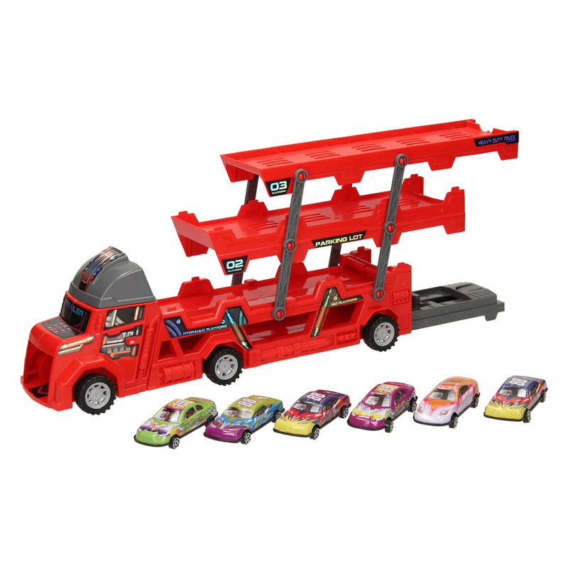 Load image into Gallery viewer, Lobbes speelgoed bv uitklapbare autotransporter met afschietfunctie - rood
