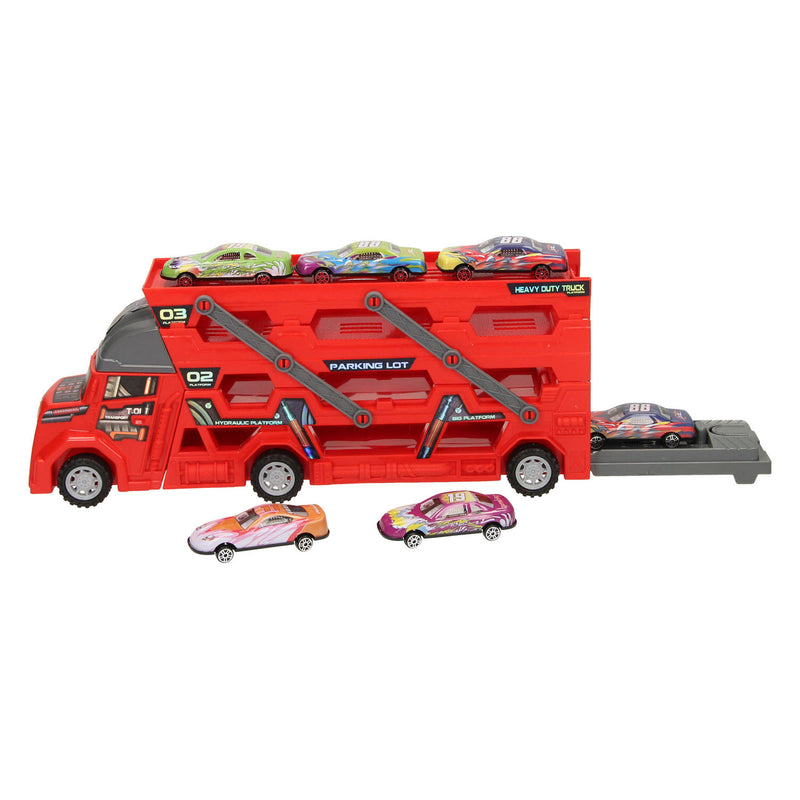 Load image into Gallery viewer, Lobbes speelgoed bv uitklapbare autotransporter met afschietfunctie - rood
