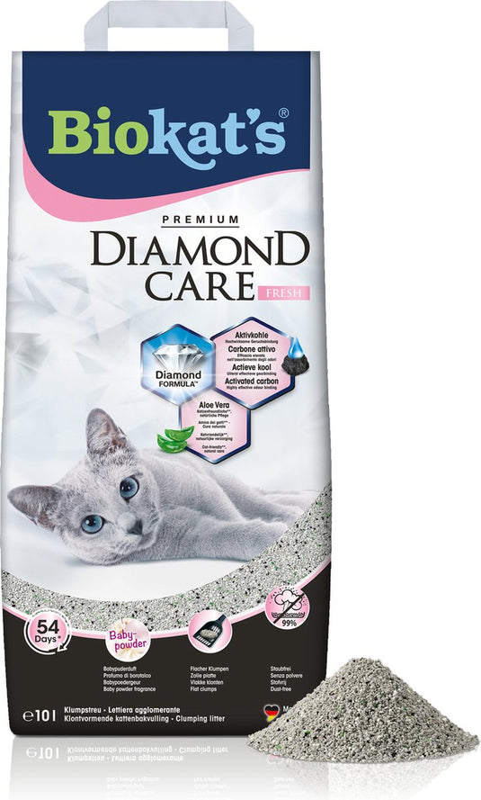 Biokat's diamond care fresh - 10 l - kattenbakvulling - klontvormend - babypoeder geur - actieve kool