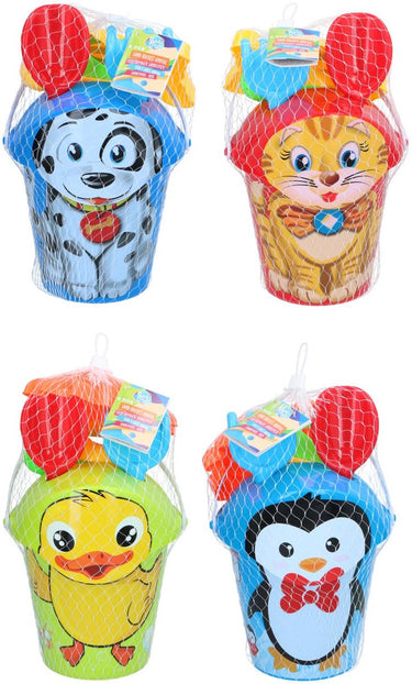 Eddy toys zandemmer dieren 5 delig - zandemmer speelgoed met harkje, schep en gieter - dieren zandemmer voor strand en zandbak - zandbucket dier - vanaf 18 maanden - 1 willekeurige set