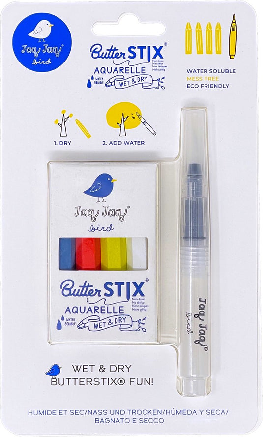 Jaq jaq bird aquarel penseelpen en butterstix krijtjes.