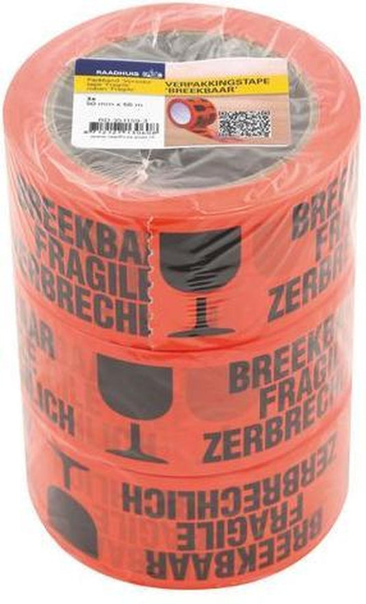 Raadhuis verpakkingstape - 50mmx66m - oranje - tekst: breekbaar - 3 rol - rd-351159-3