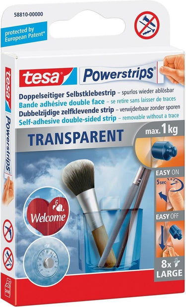Tesa powerstrips® transparent large - zelfklevende strips - 8 stuks - tot 1 kg draagkracht - onzichtbare montage zonder boren