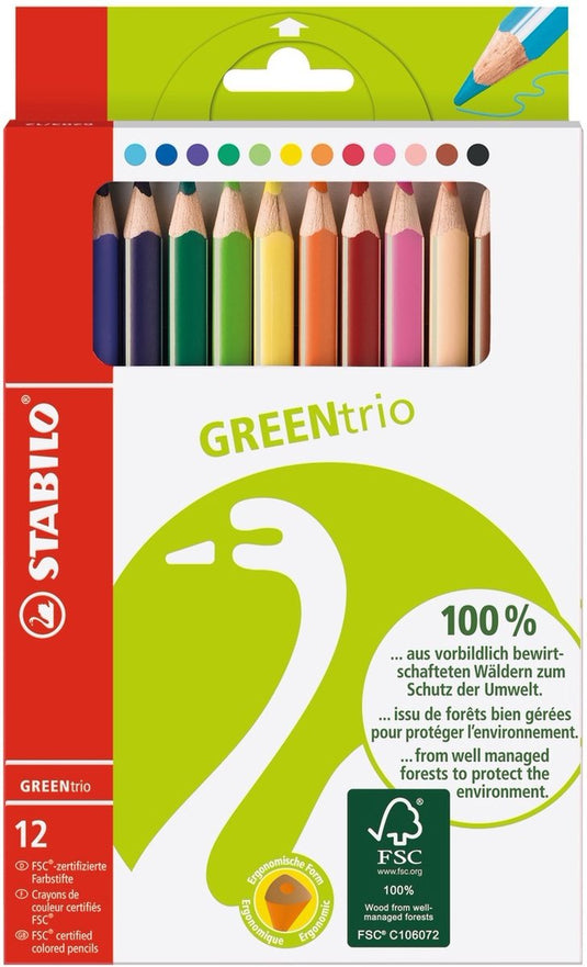 Stabilo greentrio - fsc gecertificeerd driekantige kleurpotloden - met extra dikke kern 4.2 mm - etui met 12 kleuren