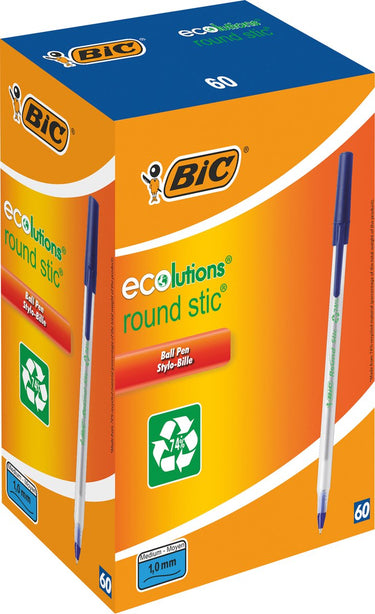 Bic round stic ecolutions balpen - blauw - doos van 60 stuks - medium punt 1 mm