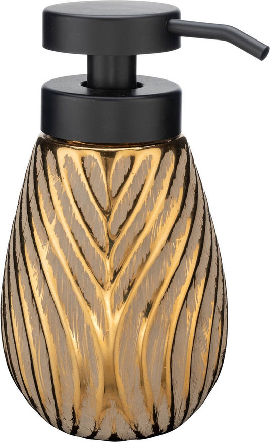 Wenko zeepdispenser idro goud keramiek met structuur 330ml - zeeppompje vrijstaand en navulbaar - badkamer toilet keuken