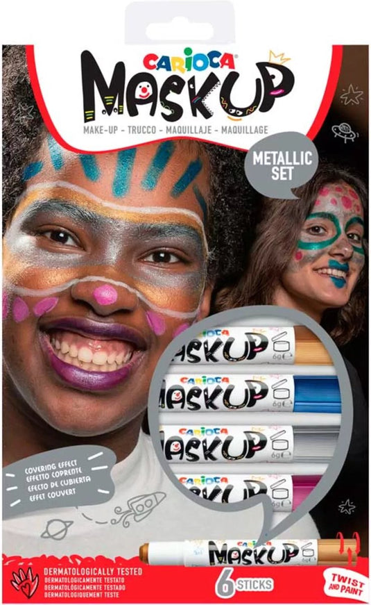 Carioca mask up metallic schminkstiften - 6 kleuren (grijs goud paars blauw groen roze) - kindergrime - uitwasbaar