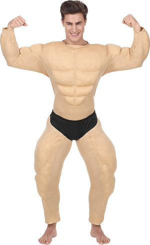 Widmann - opblaas dikmaak spierballen kostuum - opschepper van de sportschool bodybuilder - man - beige - large - carnavalskleding - verkleedkleding