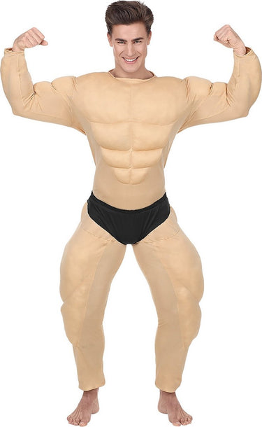Widmann - opblaas dikmaak spierballen kostuum - opschepper van de sportschool bodybuilder - man - beige - large - carnavalskleding - verkleedkleding