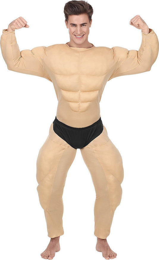 Widmann - opblaas dikmaak spierballen kostuum - opschepper van de sportschool bodybuilder - man - beige - large - carnavalskleding - verkleedkleding