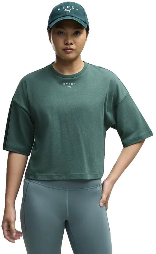 Puma x hyrox cropped lifestyle t-shirt met korte mouwen groen xl vrouw