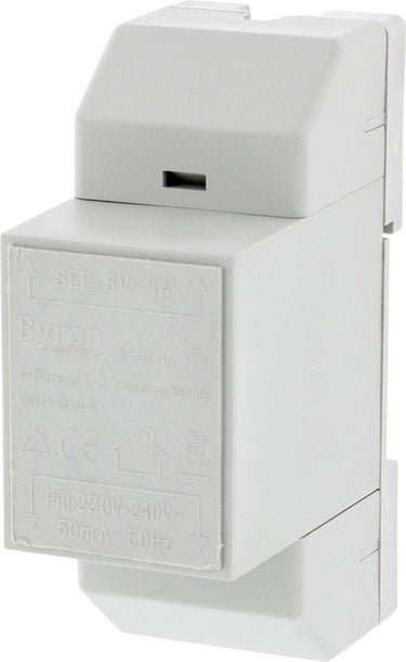 Byron 7770 bedrade din rail transformator – wit – 8 v 1 amp
