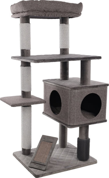 Flamingo krabpaal – halo grijs – 76x58x127 cm – luxe krabpaal met mand, krabmat massageborstel – kattenmeubel met krabtouw schuilplaats – voor alle kattenrassen