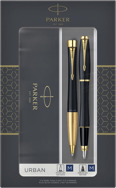 Parker urban duo geschenkset met balpen en vulpen | zacht zwart met gouden trim | blauwe inkt | geschenkverpakking