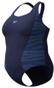 Speedo plus size placement medalist 1 piece dames sportbadpak - badpak dames grote maten - vormvast zwempak dames - sportbadpak dames met medalist-rug - marine blauw - 52