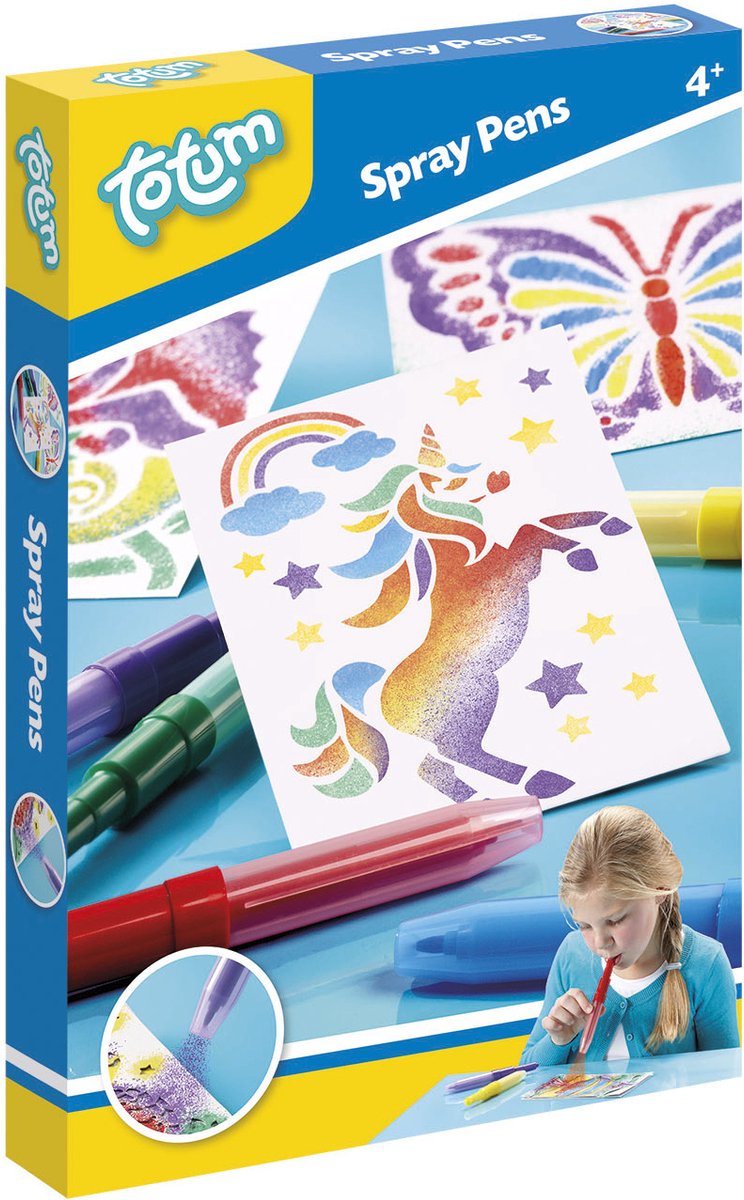 Load image into Gallery viewer, Totum spraypens 5 blaaspennen knutselset incl. unicorn en dieren sjablonen - creatief speelgoed vanaf 4 jaar - knutselen tekenen en schilderen cadeau tip
