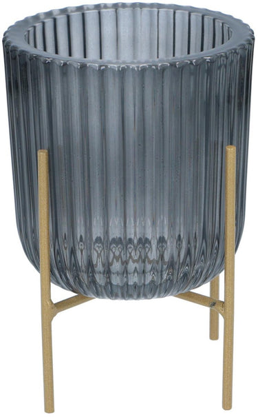 Arti casa kandelaar met metalen standaard - geribbeld design - woonkamer decoratie - 9 x 9,45 cm - grijs