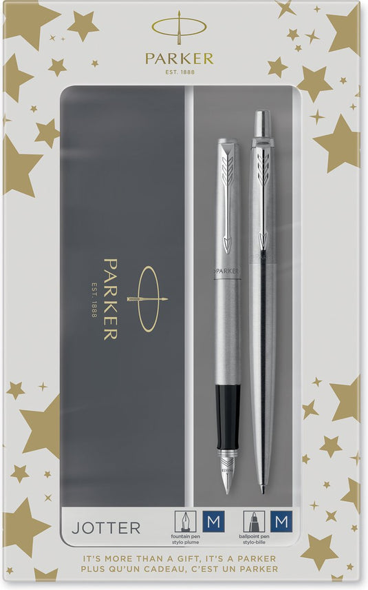 Parker jotter duo geschenkset met balpen en vulpen | roestvrij staal met chromen afwerking | inktnavulling en inktpatronen met blauwe inkt | geschenkverpakking