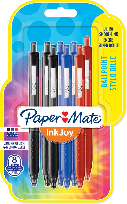 Paper mate inkjoy 300rt-balpennen met drukknop | medium punt (1,0 mm) | zwart, blauw en rood | 8 stuks