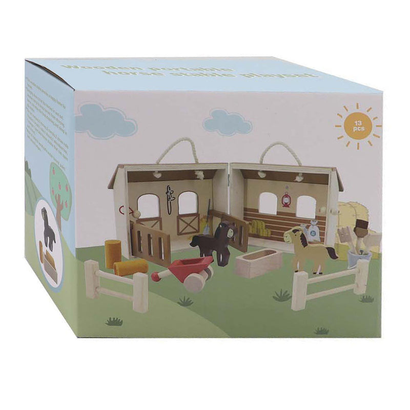 Load image into Gallery viewer, Houten paardenstal speelset draagbaar, 13dlg.
