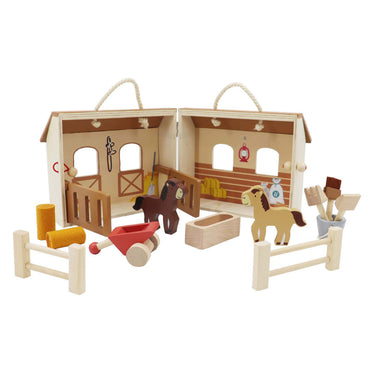 Houten paardenstal speelset draagbaar, 13dlg.
