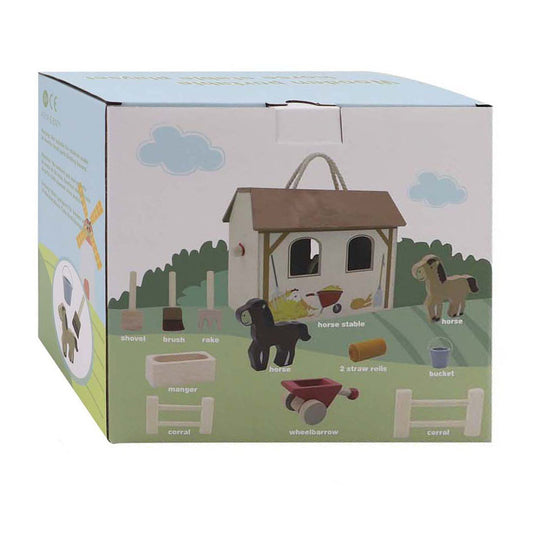 Houten paardenstal speelset draagbaar, 13dlg.