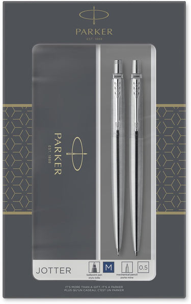 Parker jotter duo geschenkset balpen en vulpotlood (0.5mm) - blauwe inkt - roestvrij staal met chromen afwerking