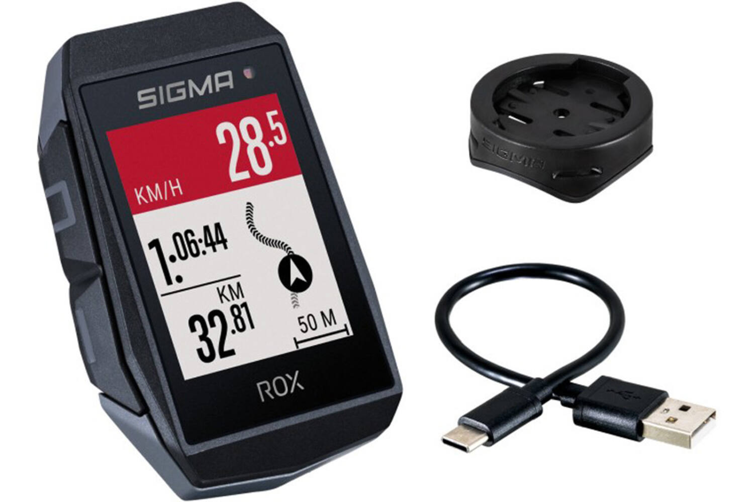 Sigma rox 11.1 evo gps b/w standard handlebar mount + usb-c charging cable