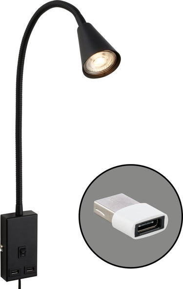 Briloner justra - stekkerlamp - leeslamp - draaibaar - 2 usb poorten - wandlamp - 48,5 x 6 x 42,5 cm - zwart
