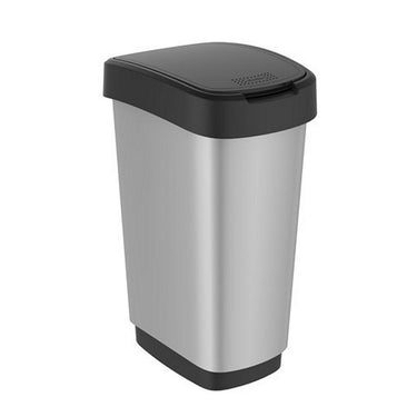Rotho twist afvalbak met swingdesksel 50l - zilvermetaalkleurig - bpa-vrij - incl 6 sticker voor diverse afvalstromen