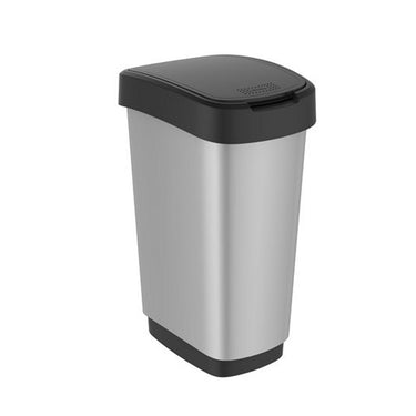Rotho twist afvalbak met swingdesksel 25l - zilver metallic - bpa-vrij - incl 6 sticker voor diverse afvalstromen
